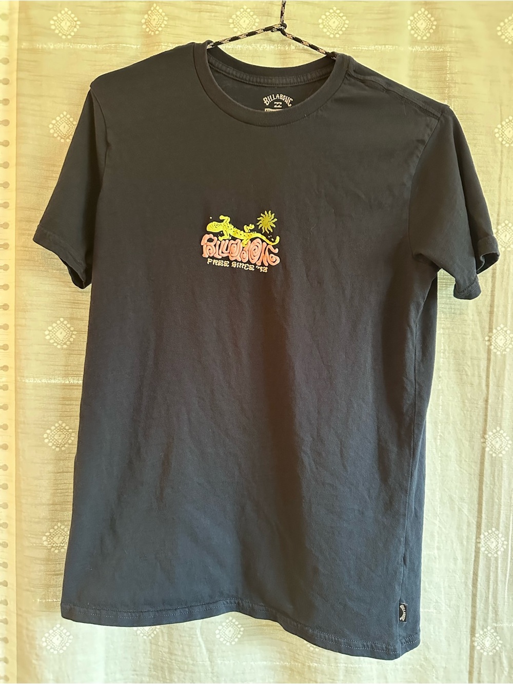Billabong Dark Navy Tee with Neon Yellow & Pink Chest Graphic